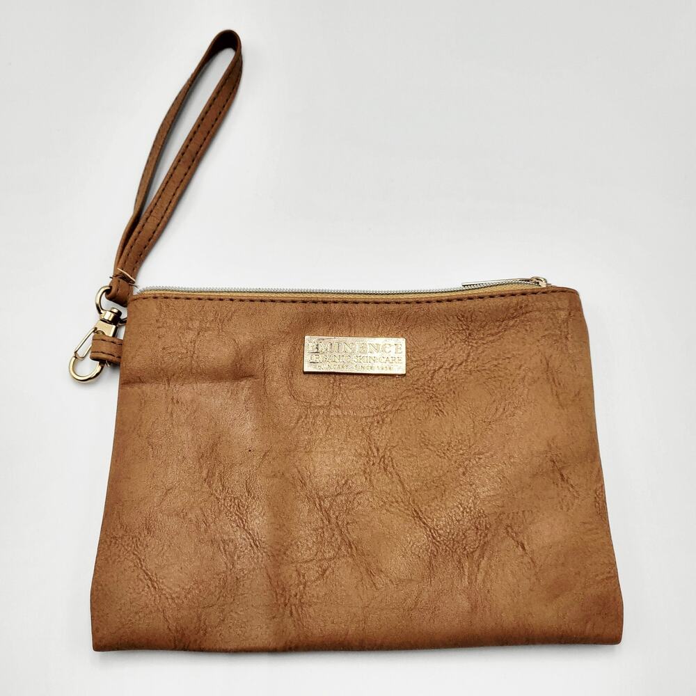 Eminence Organic Skin Care Brown Faux Leather Zippered Cosmetic Wristlet Pouch